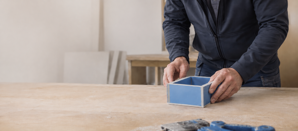 Operative handling a pre-fabricated plasterboard baffle box prepared offsite by Innovate at SA