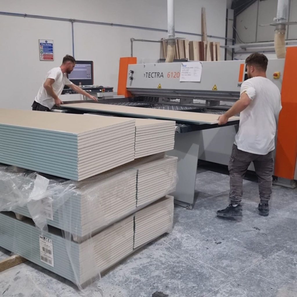 CNC cutting plasterboard at the Innovate at SA workshop in Elsenham, Essex