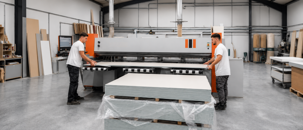 Plasterboard being cut to size on a beam saw at Innovate at SA, Essex