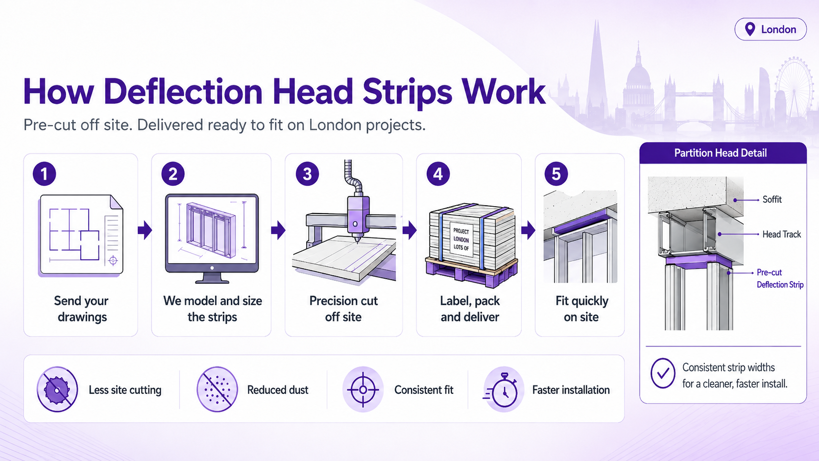 How deflection head strips work — pre-cut offsite and delivered ready to fit on London construction projects