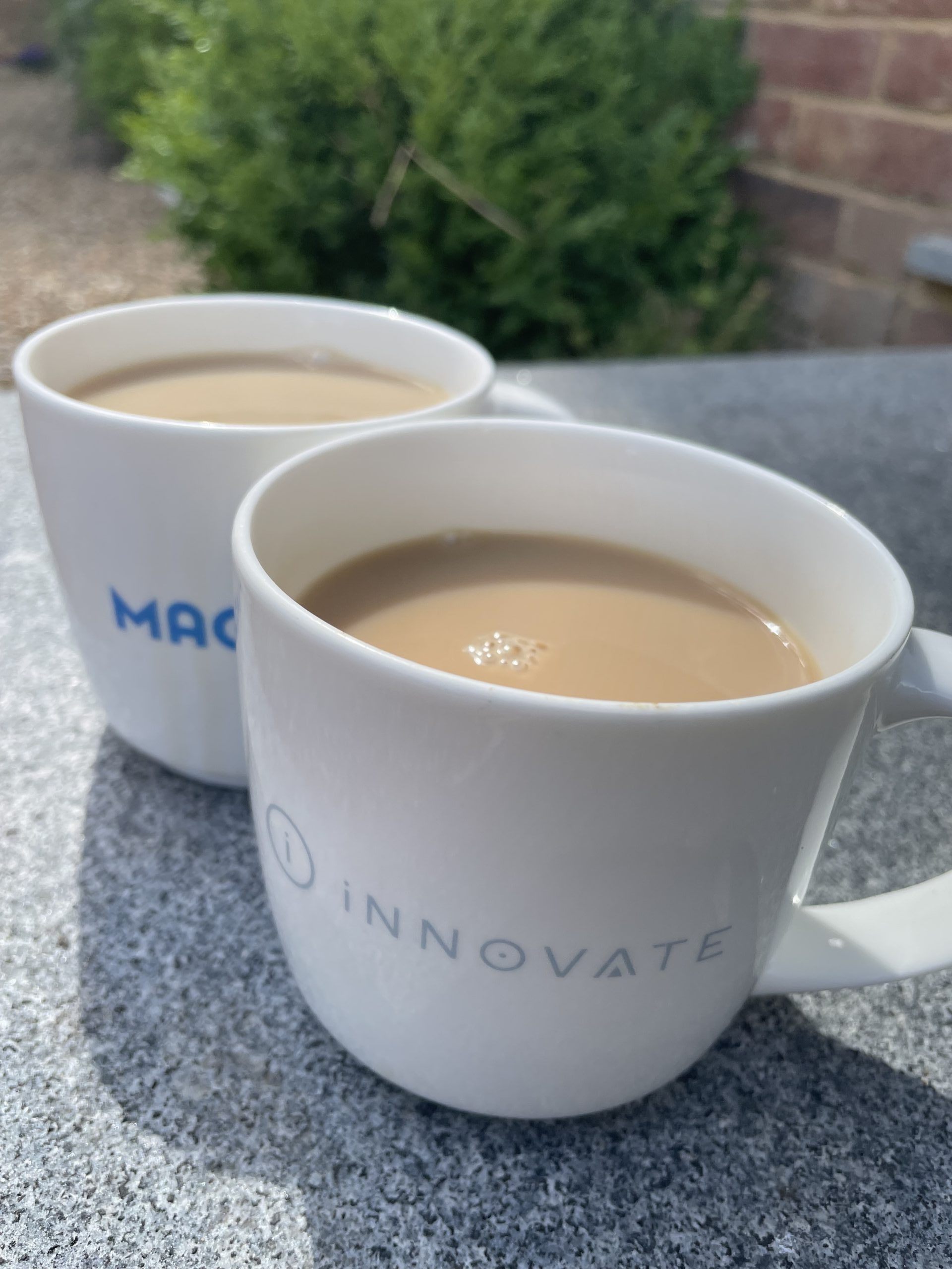Two mugs of tea, one branded Innovate, at the Innovate at SA facility in Essex