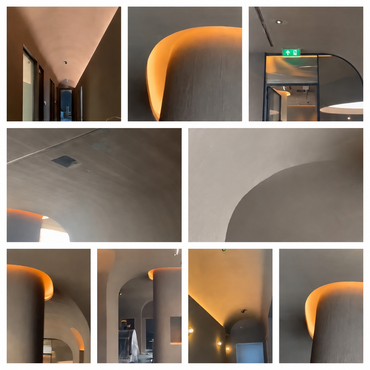 Collage of finished curved plasterboard walls and ceilings at Aspire Dental, showing smooth textured surfaces and hidden warm cove lighting
