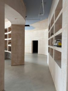 Curved partition walls under construction at Neptune Wharf